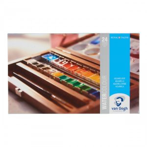 VAN GOGH WATERCOLOUR WOODEN BOX SET WITH 24 COL IN HALF PANS+3 ACCESSORIES