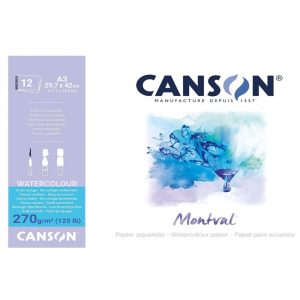 CANSON A3 MONTVAL WATERCOLOUR PAPER SNOWY GRAIN COLOR 270g/m 12Sheets